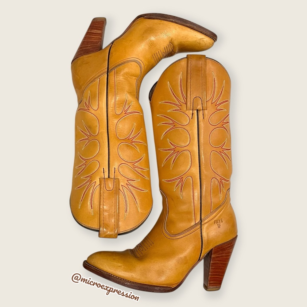 1980s VINTAGE Frye Fire/Flame Banana Yellow Tan Embroidered Cowboy Western Boot - Picture 3 of 13
